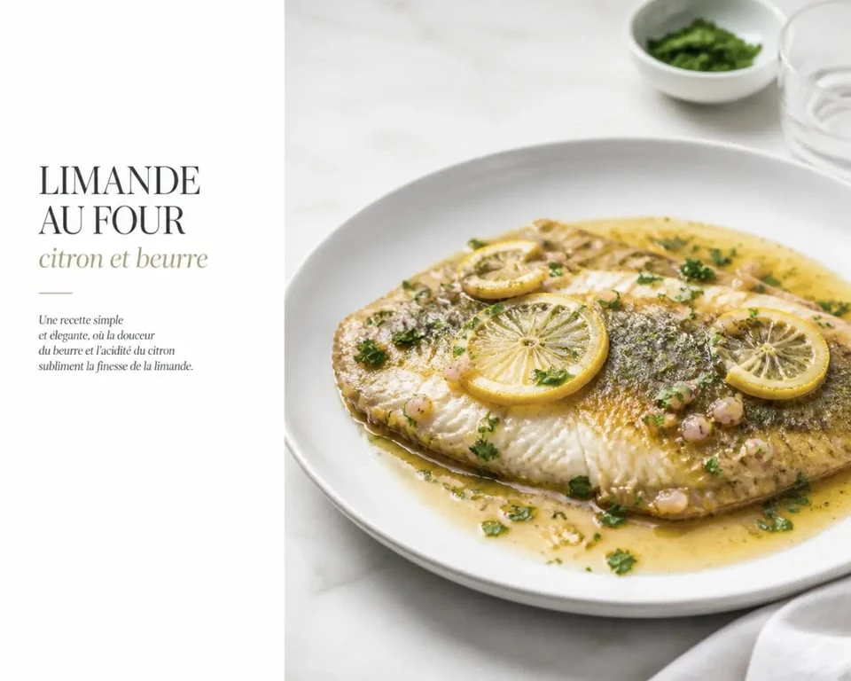 Recette limande au four citron-beurre dressée dans une assiette blanche