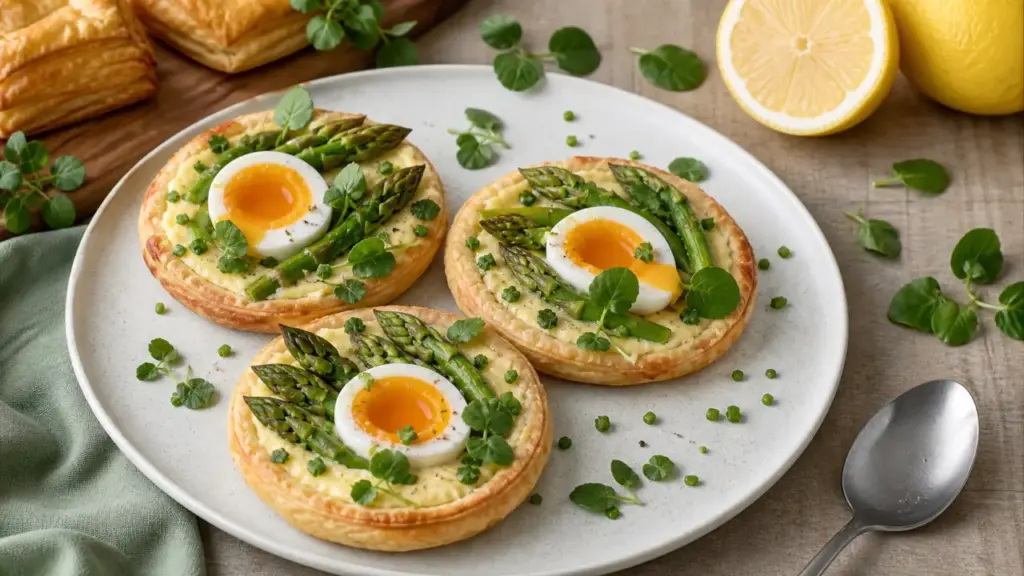 Entrée pâques gastronomique : asperges, œuf mollet et Saint-Jacques, tartelette