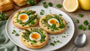 Entrée pâques gastronomique : asperges, œuf mollet et Saint-Jacques, tartelette