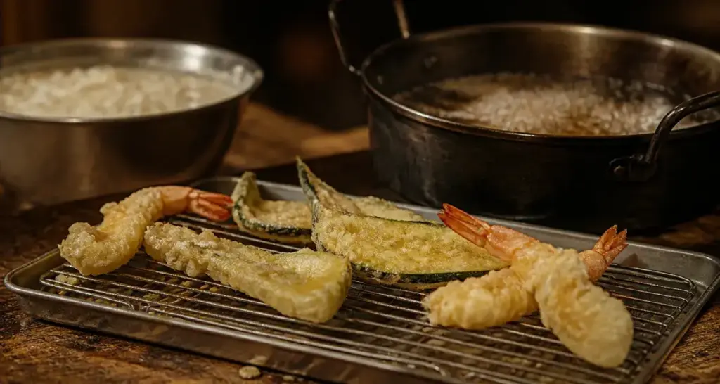 Pâte tempura croustillante : crevettes et courgettes dorées