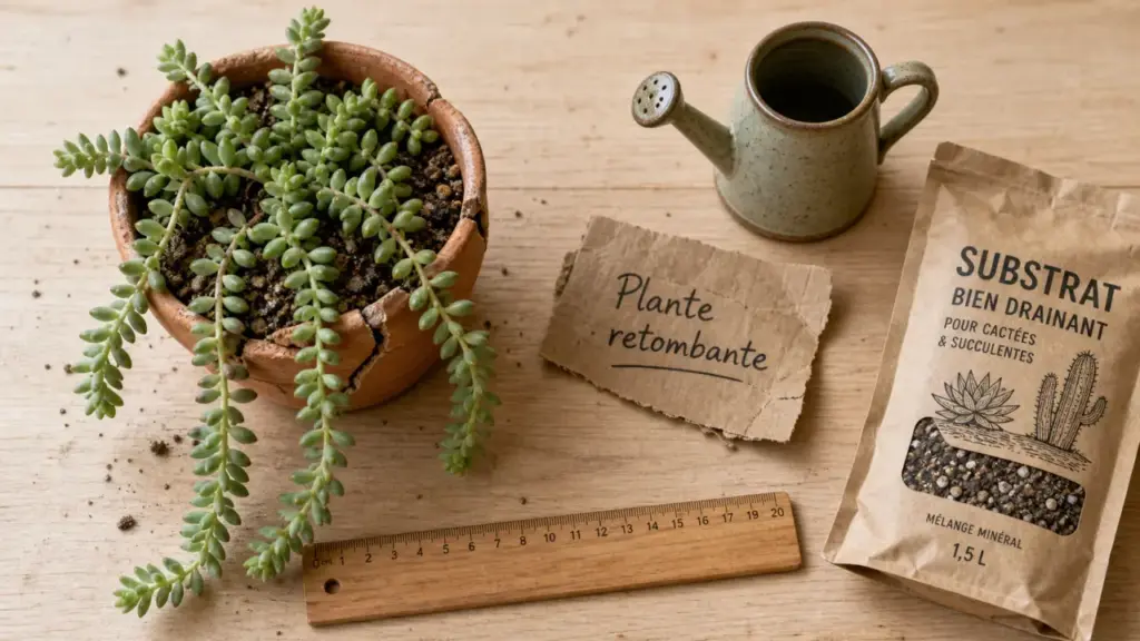 Plantes grasse retombantes en cascade dans un pot en terre cuite