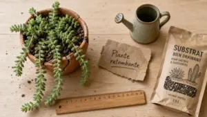 Plantes grasse retombantes en cascade dans un pot en terre cuite
