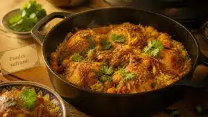 Recette au poulet marocain en cocotte : poulet, pois chiches et riz safrané