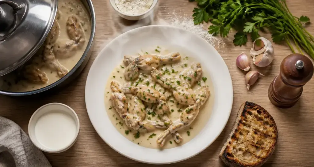 Recette cuisse de grenouille à la crème, assiette nappée de sauce