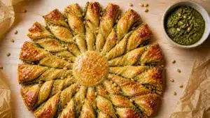 Tarte du soleil pesto dorée, rayons feuilletés au pesto