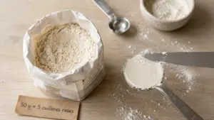 50 g de farine en cuillère à soupe, 5 mesures rases