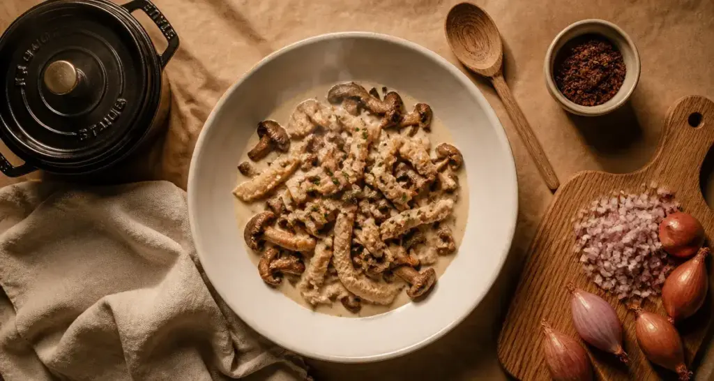 Beuchelle tourangelle fumante, sauce crème et champignons des bois