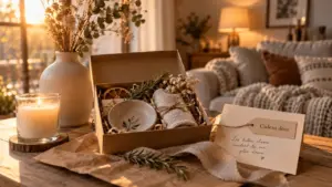 Cadeau déco maison : coffret déco ouvert et bougie parfumée