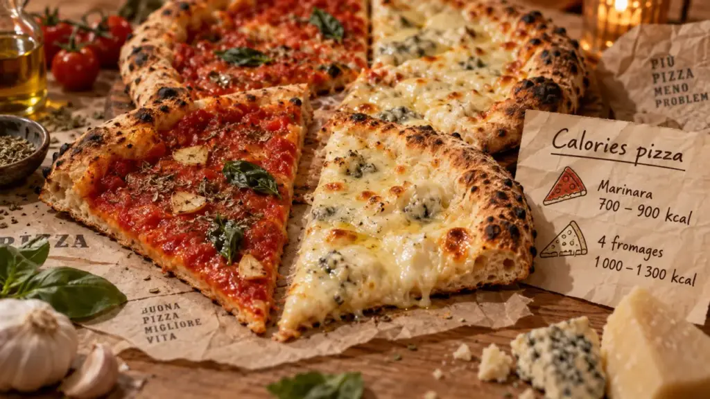 Calories pizza restaurant : deux parts de pizza, estimation kcal