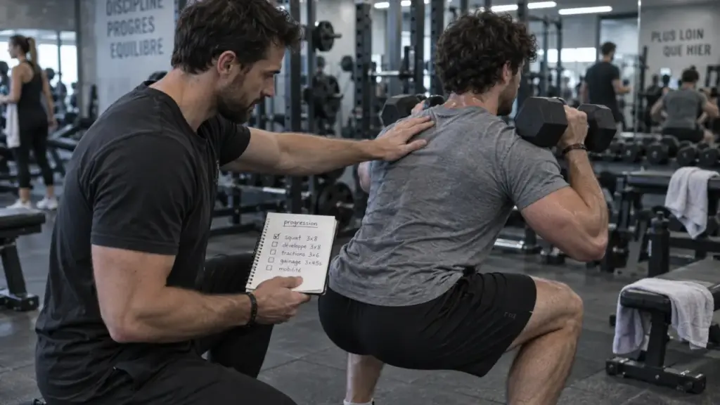 Coach sportif dans une salle de sport : ajustement de posture en squat