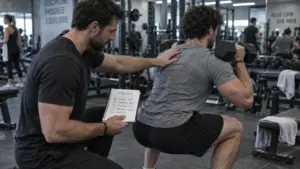 Coach sportif dans une salle de sport : ajustement de posture en squat