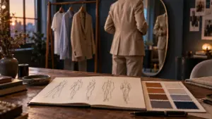 Conseil mode femme : 3 couleurs maximum par tenue, blazer sable et t-shirt blanc