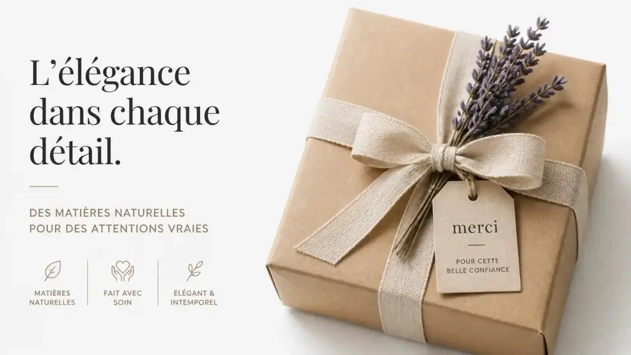 Emballage cadeau déco maison soigné avec papier kraft et branche séchée