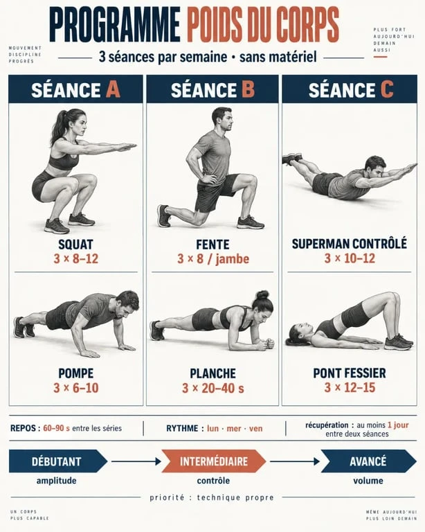 Programme de musculation sans matériel en trois séances avec exercices et progression