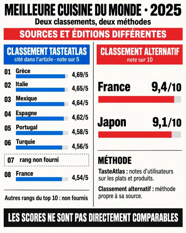 Infographie du classement de la meilleure cuisine du monde 2025 comparant TasteAtlas et un classement alternatif