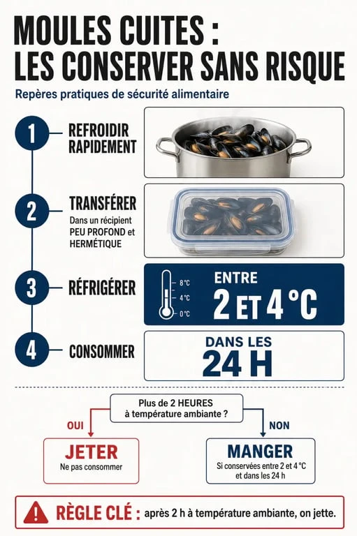 Infographie sur la conservation des moules cuites au réfrigérateur pendant 24 heures