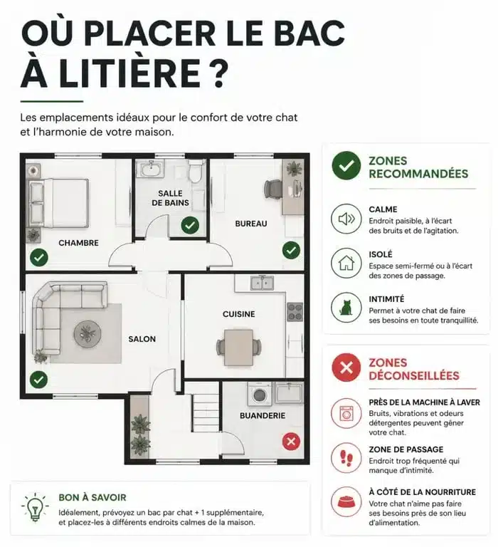 Infographie des emplacements recommandés pour le bac à litière de votre chat