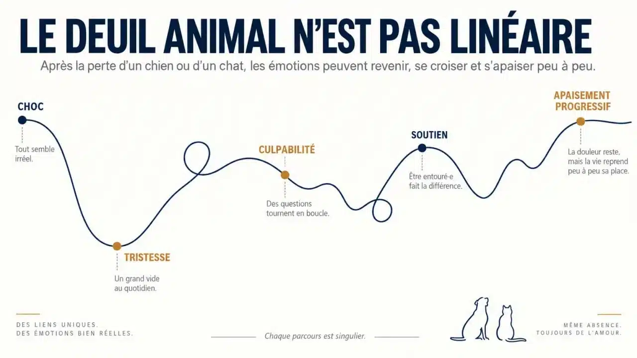 Deuil animal combien de temps : représentation visuelle des émotions et du cheminement non linéaire après la perte d’un compagnon