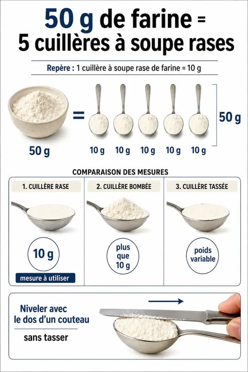 50 g de farine en cuillère à soupe : infographie avec cuillère rase, bombée et dosage précis