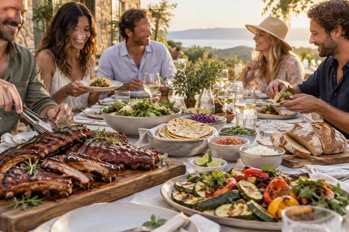 Plats conviviaux et estivaux à partager au barbecue avec ribs, tacos et légumes grillés