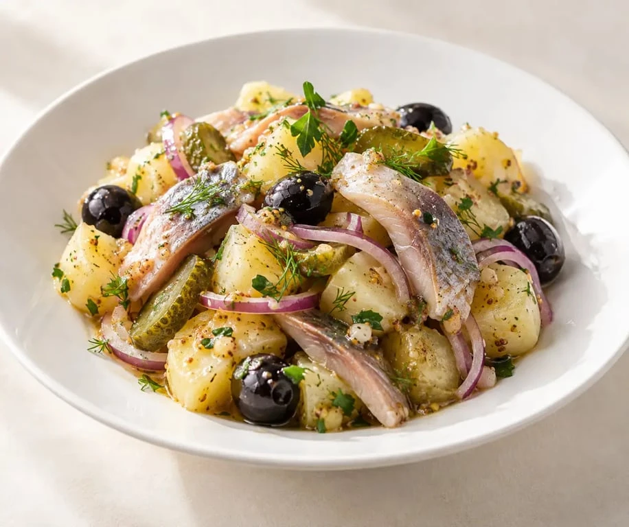 Salade pomme de terre hareng fumé avec oignon rouge, cornichons et olives