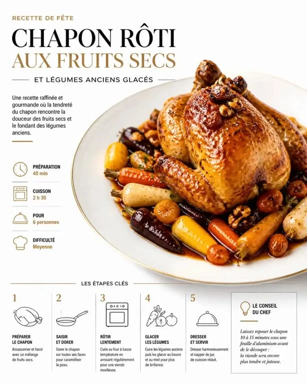 Plat de fête traiteur avec chapon et légumes anciens