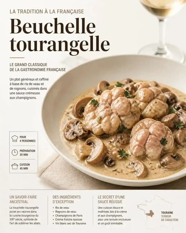 Beuchelle tourangelle traditionnelle servie dans une assiette creuse avec sa sauce crémeuse aux champignons