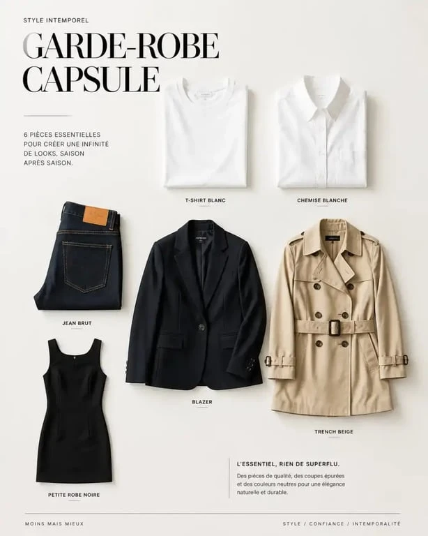 Basiques indispensables d'une garde-robe capsule, conseil mode femme intemporel