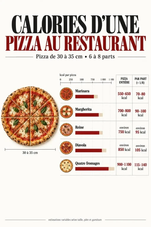 Infographie des calories pizza restaurant par type de pizza et par part