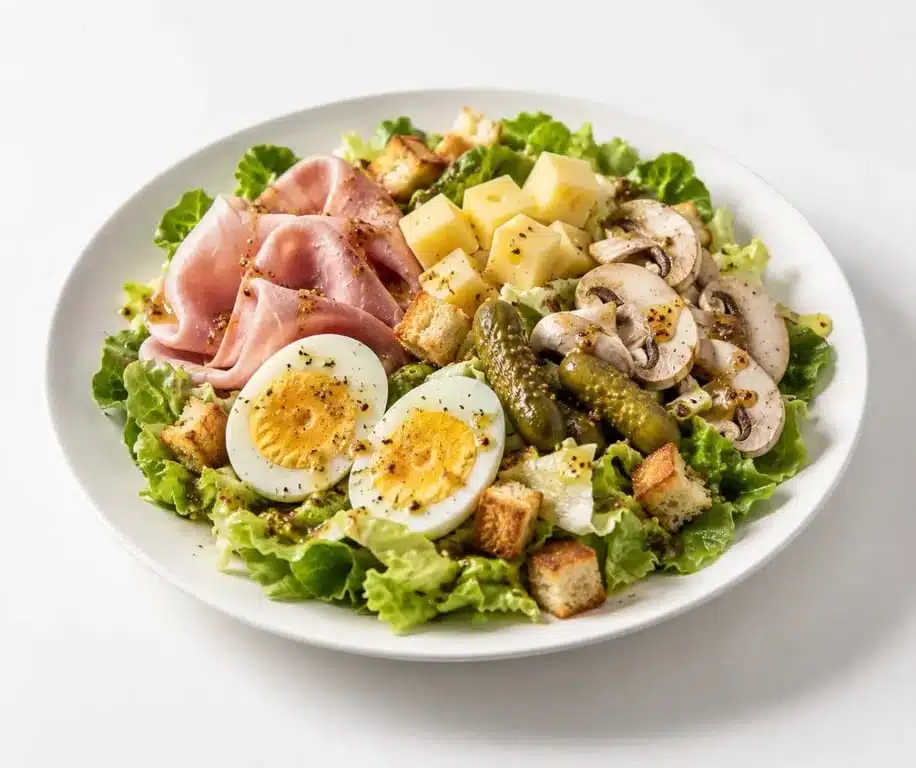Salade parisienne maison avec jambon, œuf, emmental et champignons