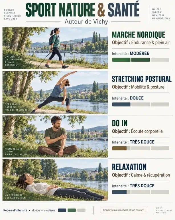 Infographie sur le sport nature santé et les activités de marche nordique, stretching postural, Do In et relaxation