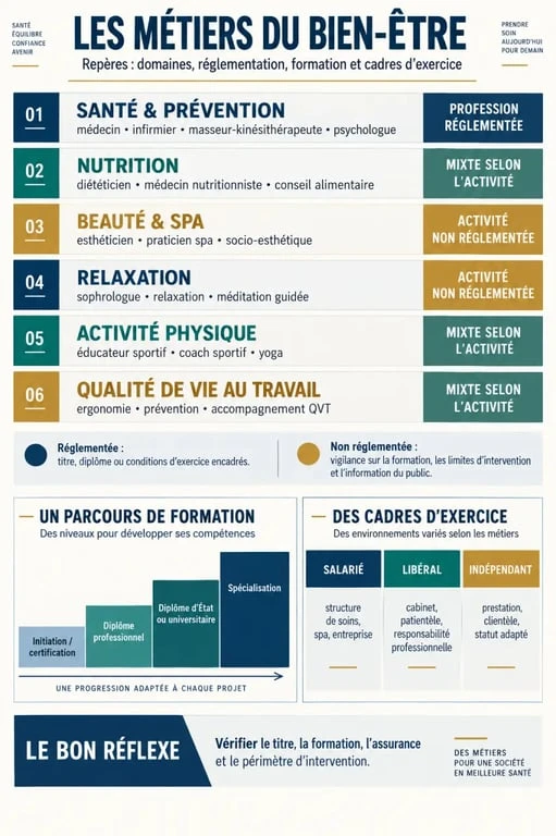 Infographie sur les familles du métier du bien-être, les formations et les professions réglementées
