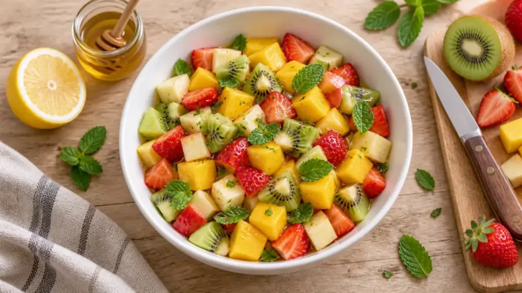 Salade au fruit recette, dés de fruits frais dans un saladier