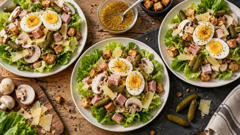 Salade parisienne dressée avec jambon, œuf dur, champignons et vinaigrette