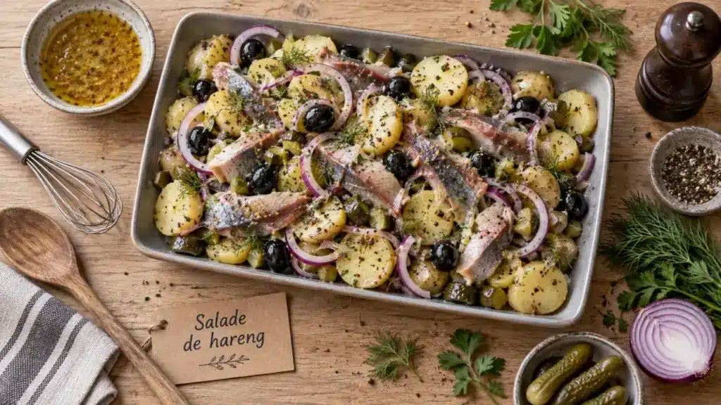 Salade pomme de terre hareng fumé, pommes de terre tièdes, oignon et cornichons