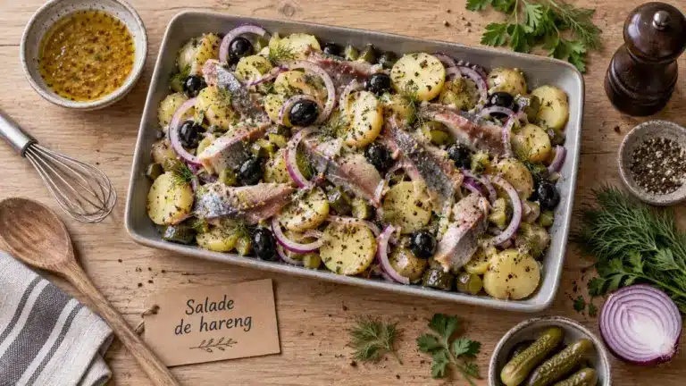 Salade pomme de terre hareng fumé, pommes de terre tièdes, oignon et cornichons
