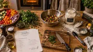 Atelier cuisine entreprise : ingrédients sur table et recettes imprimées
