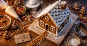 Déco maison pain d épice : glaçage blanc stabilisant murs, toit et neige
