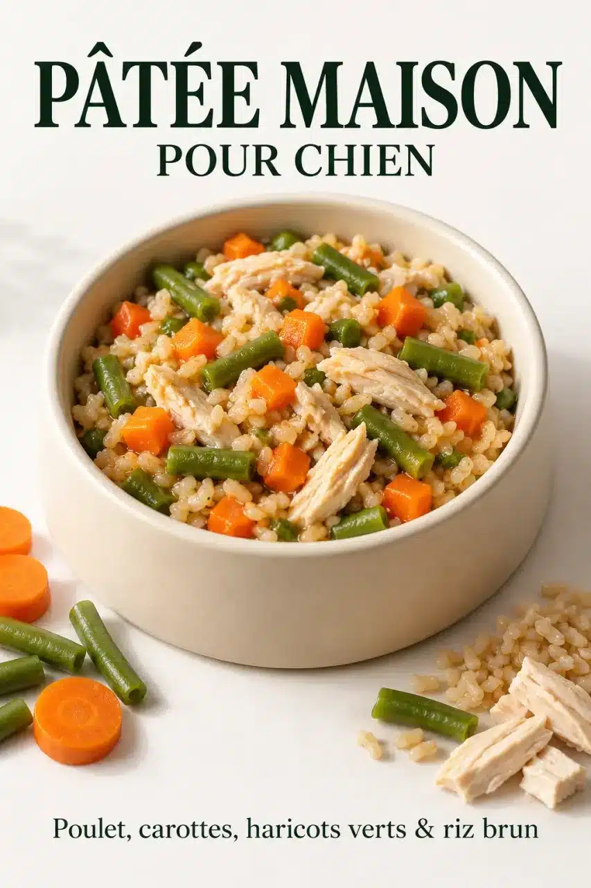 Pâtée pour chien maison au poulet, riz, carottes et haricots verts