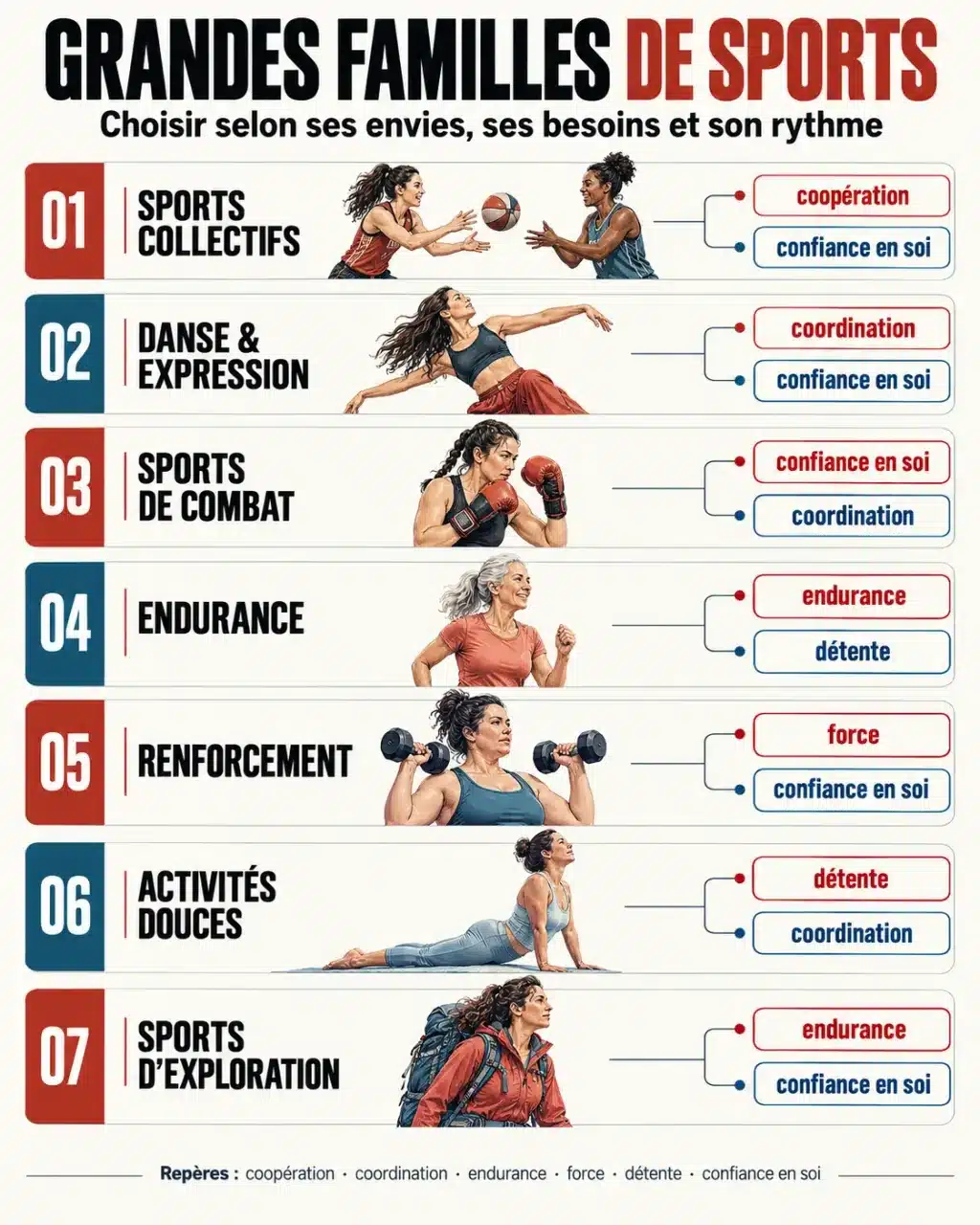 Idée de sport pour fille : infographie des familles de sports et de leurs bénéfices