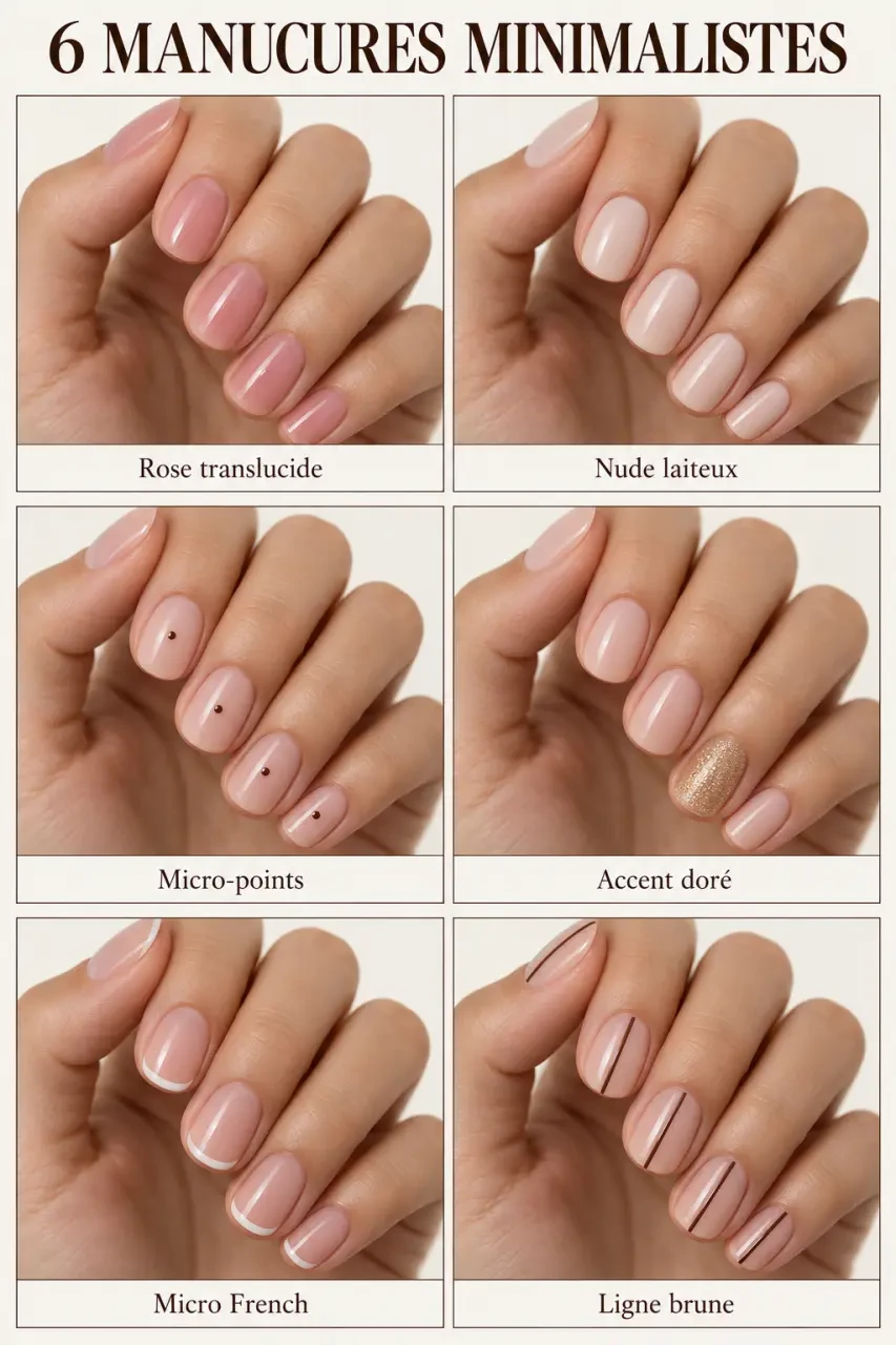 Idées manucure simple : six modèles nude, micro-points, French fine et paillettes sur ongles courts