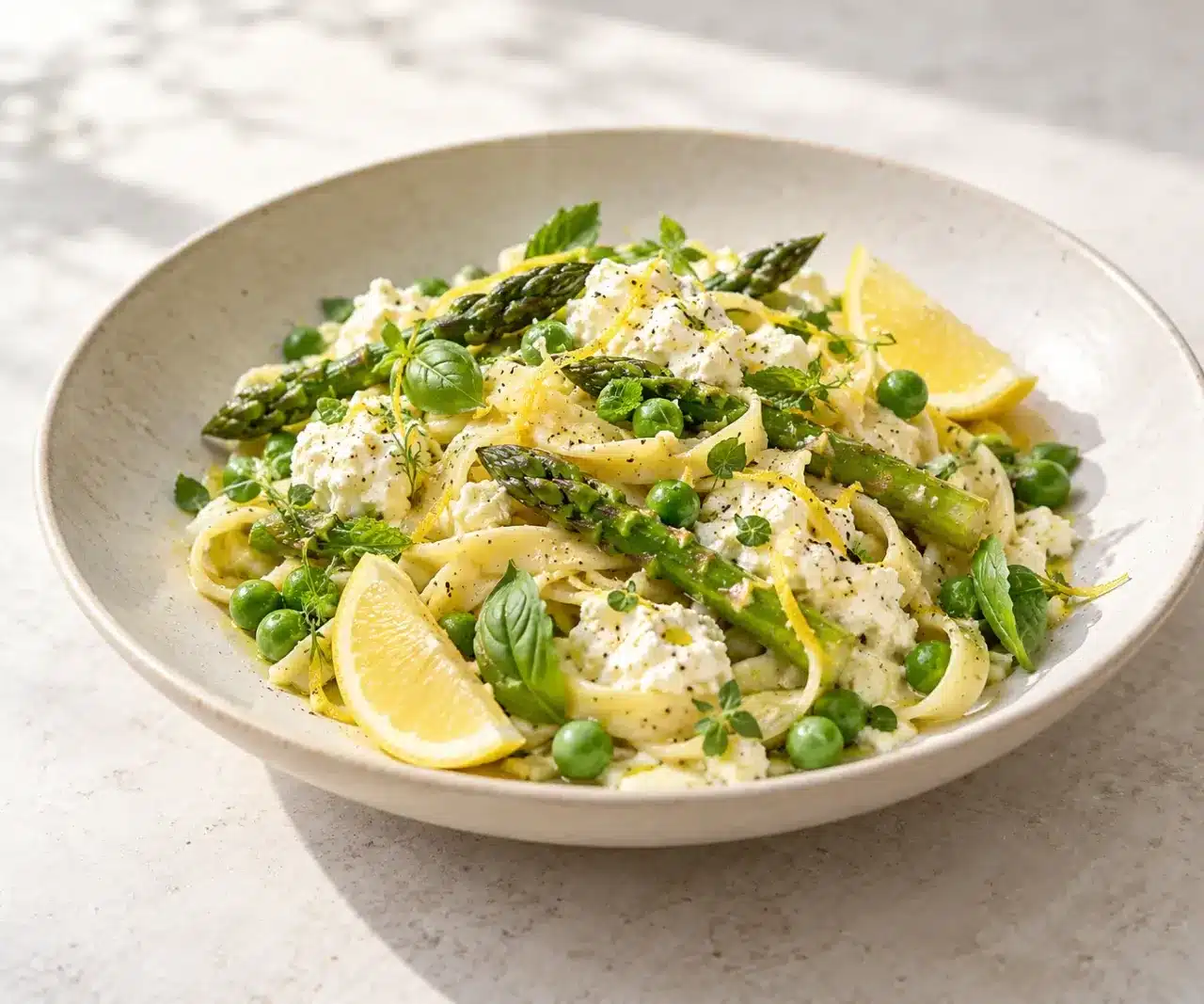 Idées recettes avril : pâtes aux asperges, petits pois, ricotta et citron