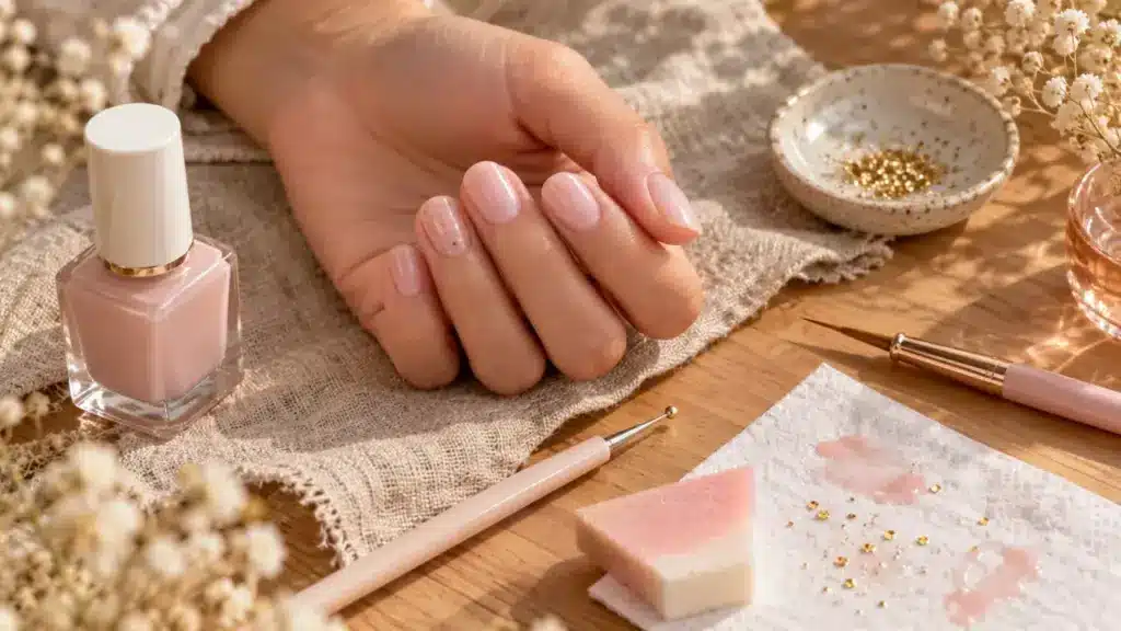 Idées manucure simple : ongles courts nude avec micro-points dorés