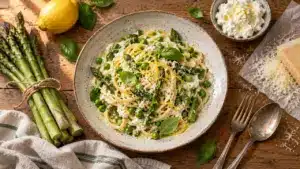 Idées recettes avril : pâtes aux asperges et petits pois, crème de ricotta citronnée