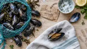 Moule ouvertes avant cuisson, coquilles tapotées qui se referment