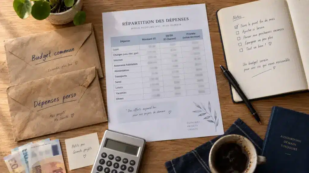 Partage depenses couple : tableau prorata et 50/50 pour calcul budget commun