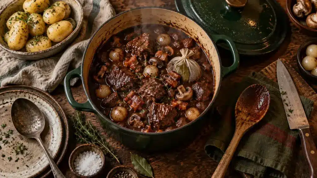 Plats mijotés traditionnels : cocotte de bœuf bourguignon en fonte