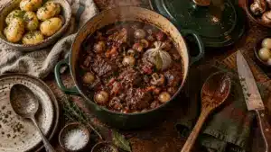 Plats mijotés traditionnels : cocotte de bœuf bourguignon en fonte