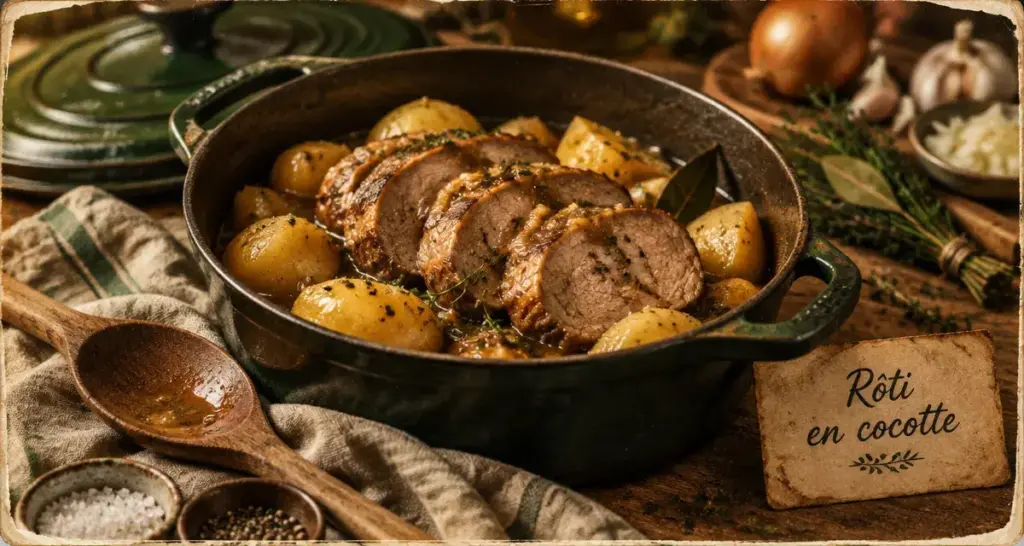 Recette rotie de veau en cocotte : rôti de veau en cocotte, pommes de terre fondantes et jus