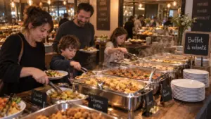 Restaurant a volonte : buffet à volonté, table et bacs chauffants fumants